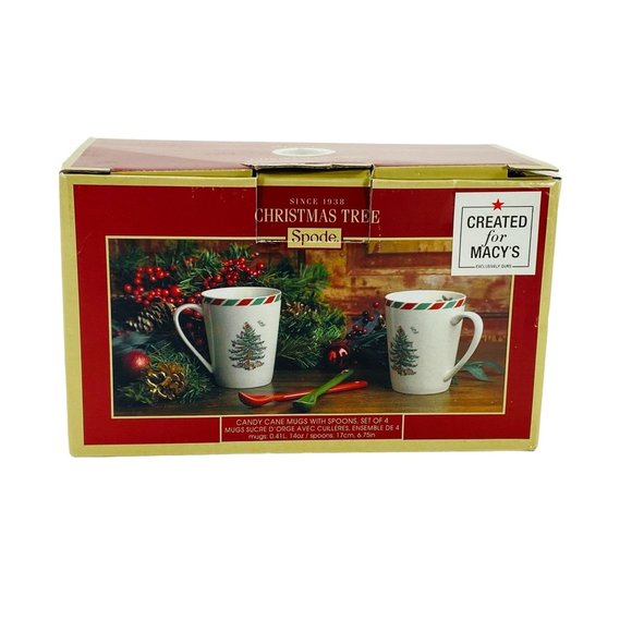Spode Christmas Tree Mugs NIB 14 oz Candy Cane with Spoons Macys Exclusive - Picture 1 of 11